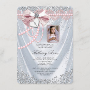 Invitation Filles Satin Blanc Photo Première Communion