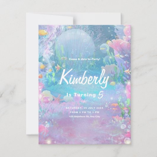 Invitation Filles Sirène Sous La Mer Anniversaire, Fête Des F (Devant)