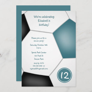 Invitation filles sports turquoise football noir fête d'anniv