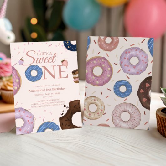 Invitation Filles Sweet ONE Donut Pastel Premier anniversaire