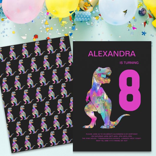 Invitation Filles T-Rex Dinosaur 8e anniversaire fête rose