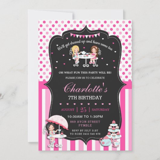 Invitation Filles Tea Party Anniversaire Pois roses chaudes (Devant)
