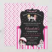 Invitation Filles Tea Party Anniversaire Pois roses chaudes (Devant / Derrière)
