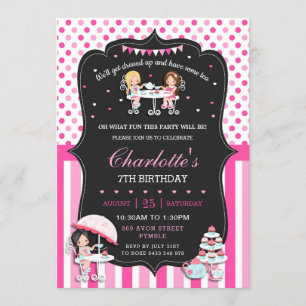 Invitation Filles Tea Party Anniversaire Pois roses chaudes
