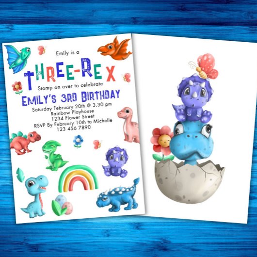 Invitation Filles Three-Rex 3e Anniversaire Fête Dinosaure Di