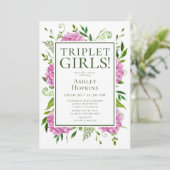 Invitation Filles Triplées Fleurs d'Hydrange Rose Baby Shower (Debout devant)