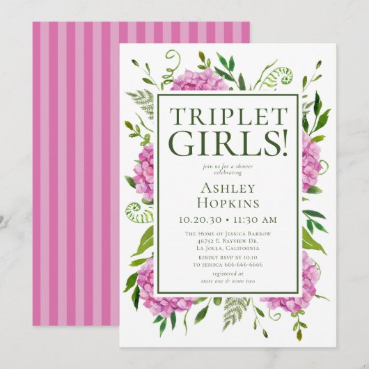 Invitation Filles Triplées Fleurs d'Hydrange Rose Baby Shower (Devant / Derrière)