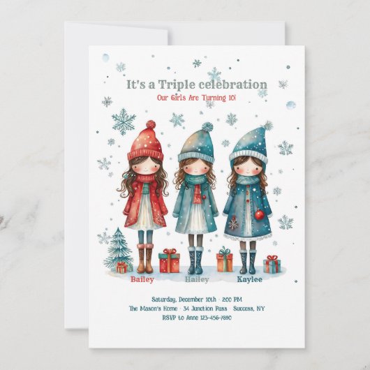 Invitation Filles Triplet Noël Fête d'anniversaire (Devant)