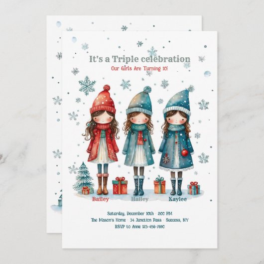 Invitation Filles Triplet Noël Fête d'anniversaire (Devant / Derrière)