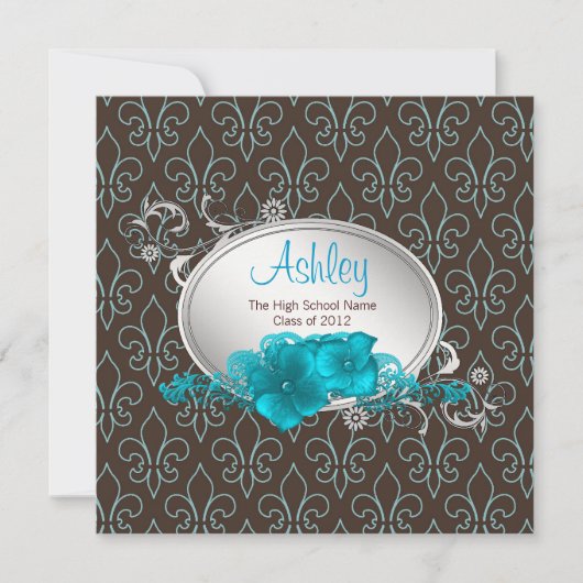 Invitation Filles Turquoise Bleu Brown Fleur De Lis Diplôme (Devant)