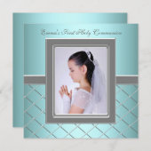 Invitation Filles Turquoise bleu photo première communion (Devant / Derrière)