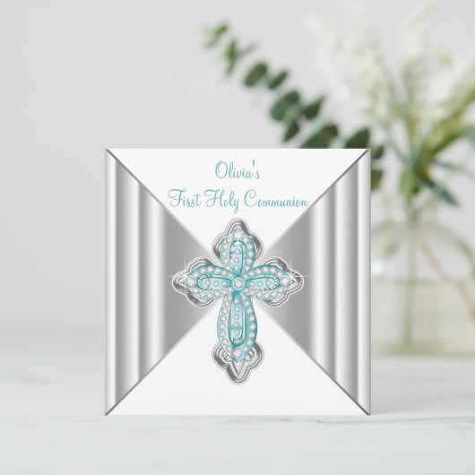 Invitation Filles Turquoise bleu Première communion (Debout devant)