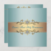 Invitation Filles Turquoise bleu Première communion (Devant / Derrière)
