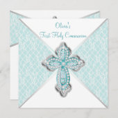 Invitation Filles Turquoise Bleu Première Sainte Communion (Devant / Derrière)