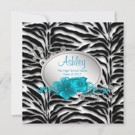 Invitation Filles Turquoise Blue Zebra Annonces de graduation (Devant)