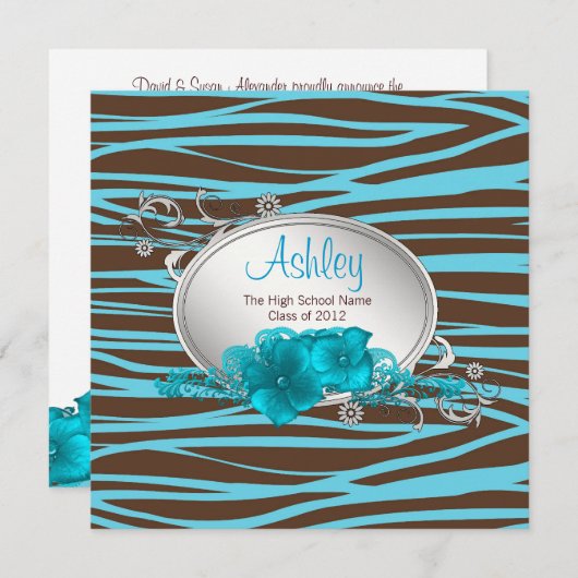 Invitation Filles Turquoise Blue Zebra Annonces de graduation (Devant / Derrière)