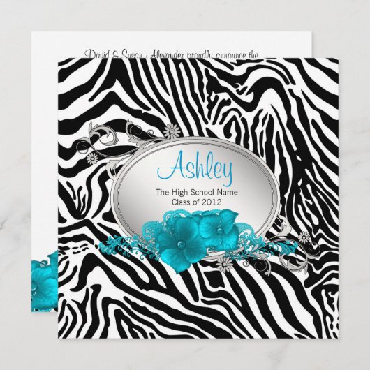 Invitation Filles Turquoise Blue Zebra Annonces de graduation (Devant / Derrière)
