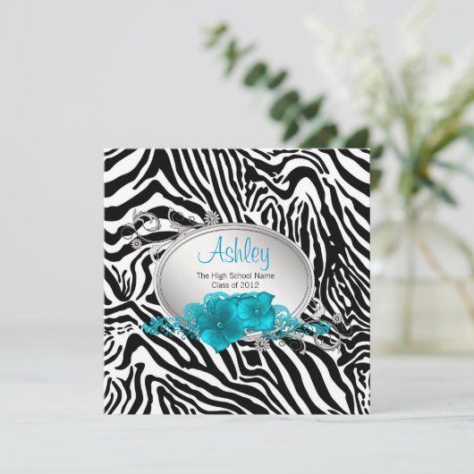 Invitation Filles Turquoise Blue Zebra Annonces de graduation (Debout devant)