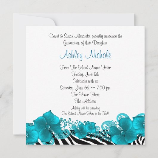 Invitation Filles Turquoise Blue Zebra Annonces de graduation (Dos)
