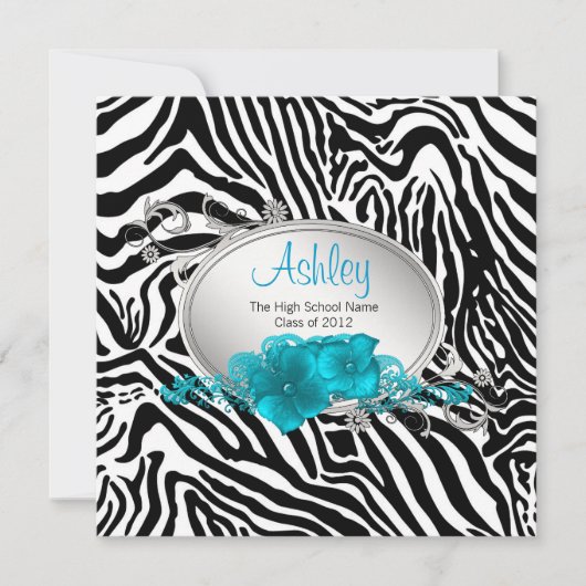Invitation Filles Turquoise Blue Zebra Annonces de graduation (Devant)