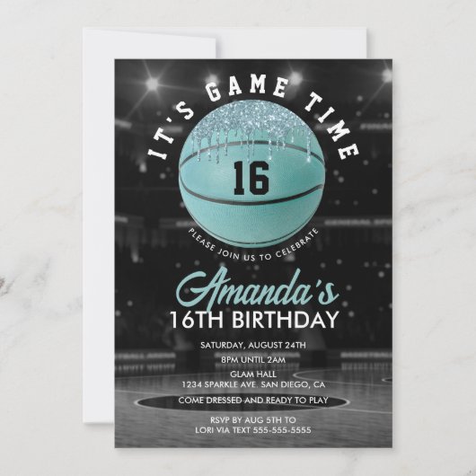 Invitation Filles turquoises Basketball Anniversaire (Devant)