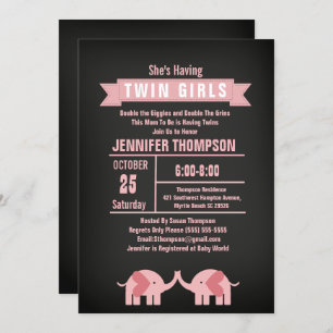 Invitation Filles Twin Elephant Baby shower Chalkboard