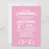 Invitation Filles Twin Elephant Baby shower rose/violet (Devant)