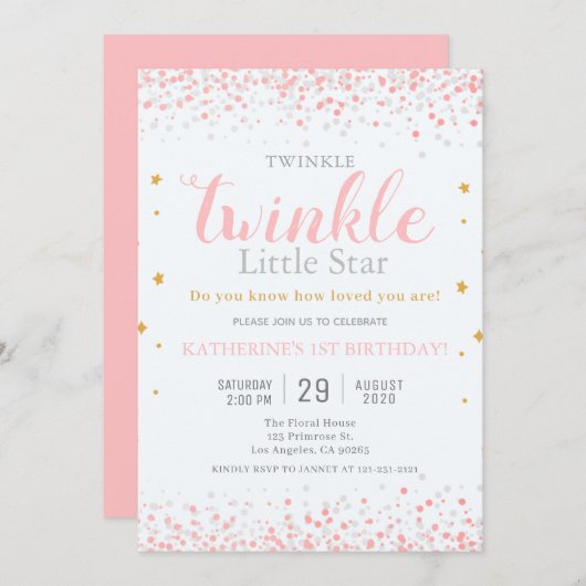 Invitation Filles Twinkle Little Star Rose & Or 1er anniversa (Devant / Derrière)