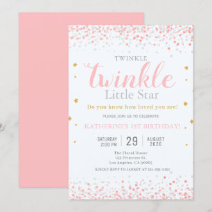 Invitation Filles Twinkle Little Star Rose & Or 1er anniversa