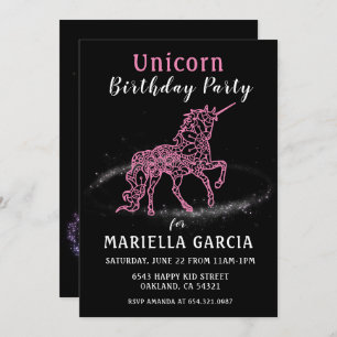 Invitation Filles Unicorne Rose Magique Fête d'anniversaire