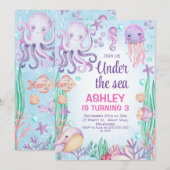 Invitation Filles Violettes Sous La Mer Octopus Anniversaire (Devant / Derrière)