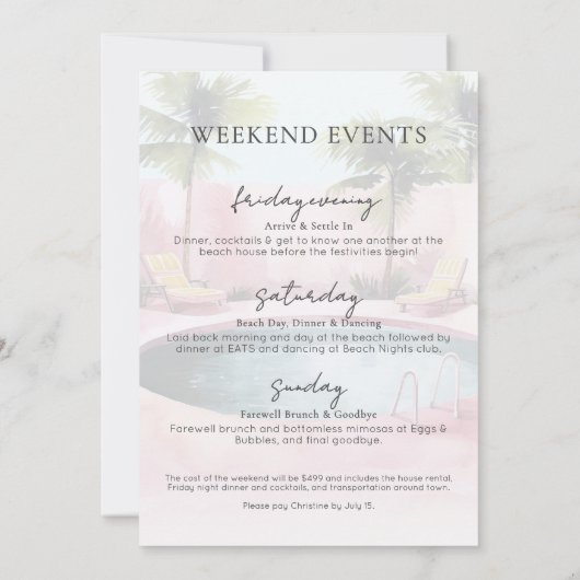 Invitation Filles Week-end Pink Pool Bachelorette Party (Dos)