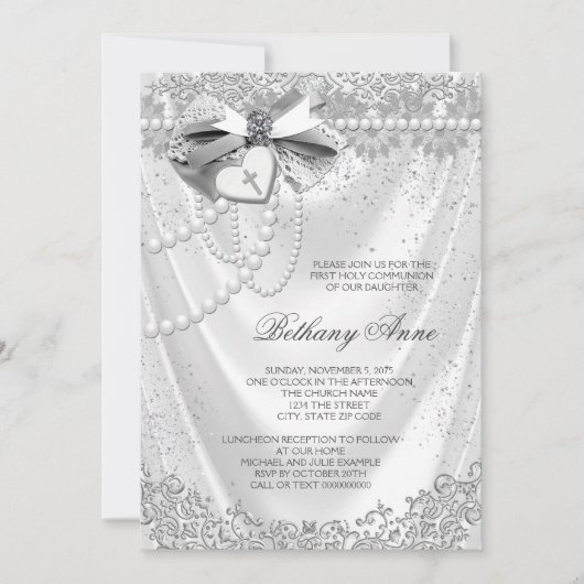 Invitation Filles White Satin Première Communion (Devant)