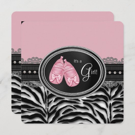 Invitation Filles Zebra Baby shower (Devant / Derrière)