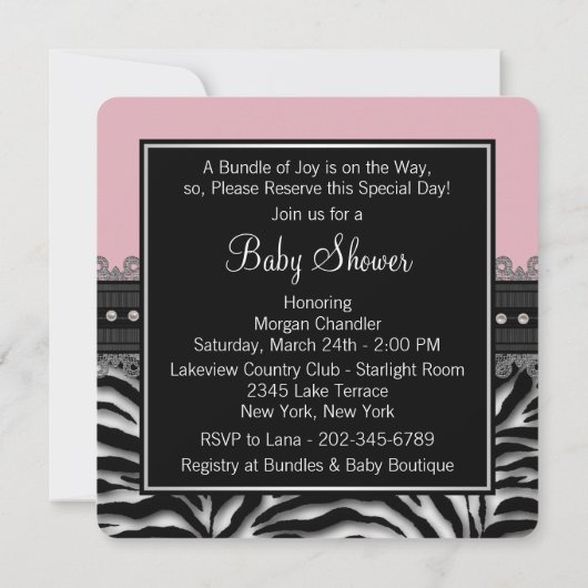 Invitation Filles Zebra Baby shower (Dos)