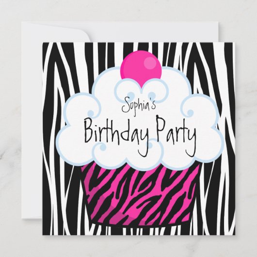Invitation Filles Zèbre Rose Chaud Gâteau d'anniversaire (Devant)