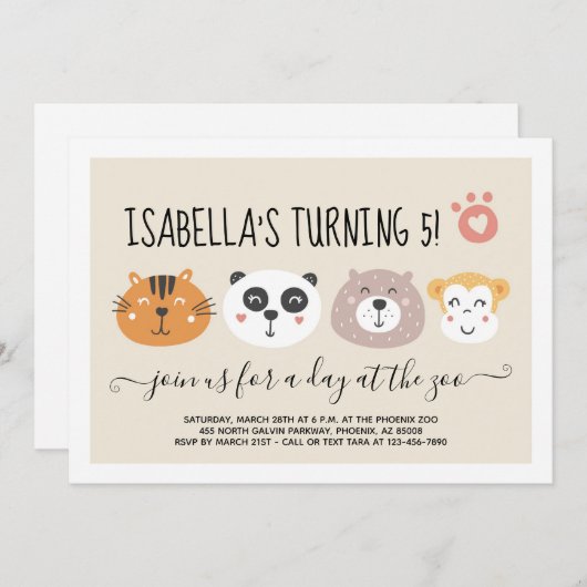 Invitation Filles Zoo Animal Emoji Thème Anniversaire (Devant / Derrière)