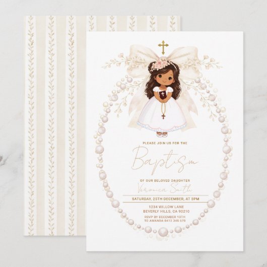 Invitation Fillette de baptême élégante perle arc (Devant / Derrière)