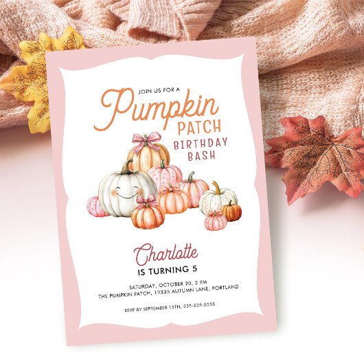 Invitation Fillette Patch de citrouilles Nœuds Fête d'anniver