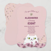 Invitation Fillettes Anniversaire Chat Mignon Rose (Devant / Derrière)