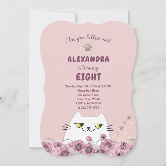 Invitation Fillettes Anniversaire Chat Mignon Rose (Devant)