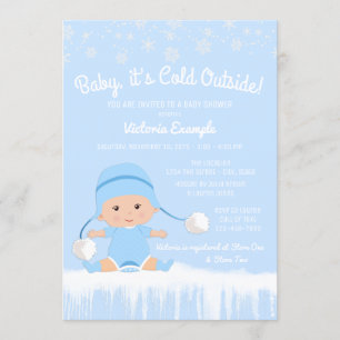 Invitation Filleul Bébé il fait froid dehors Bleu Hiver Baby