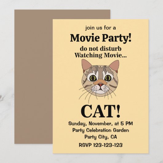 Invitation Film de fête avec visage de chat drôle (Devant / Derrière)