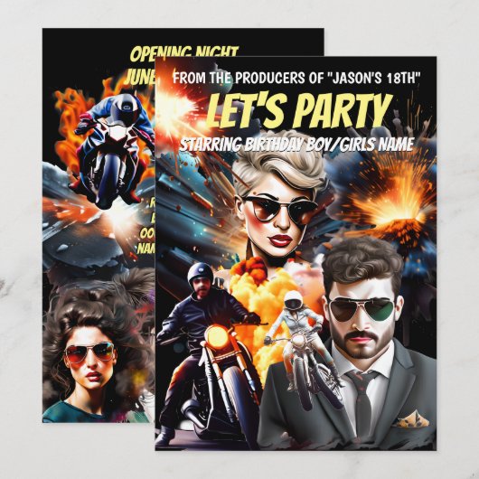 Invitation Film thème méchants héros action aventure (Devant / Derrière)