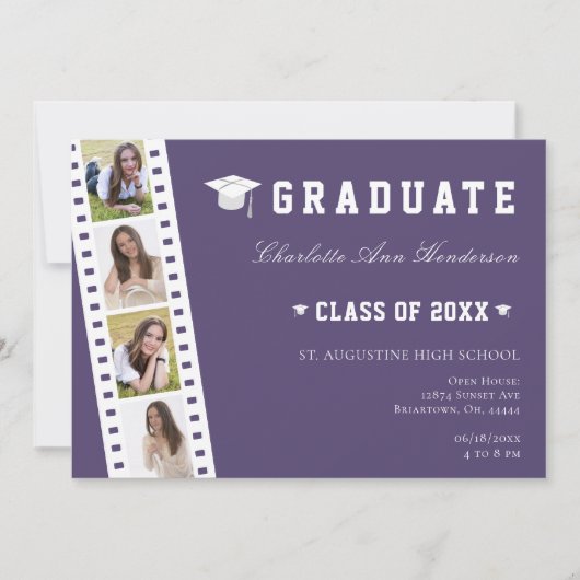 Invitation Filmstrip Four Photo Collage Open House | Pourpre (Devant)