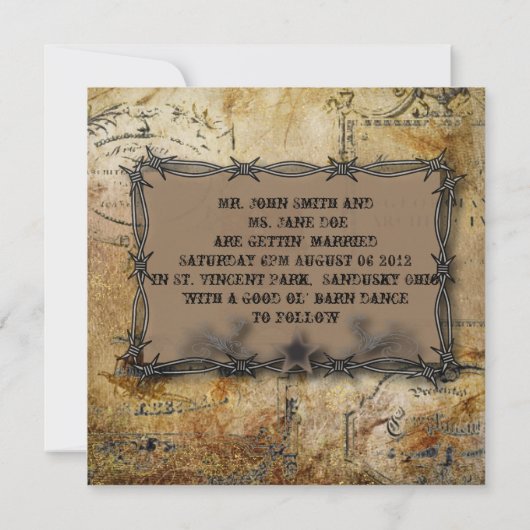 Invitation fils barbelés rustiques mariage western country co (Dos)