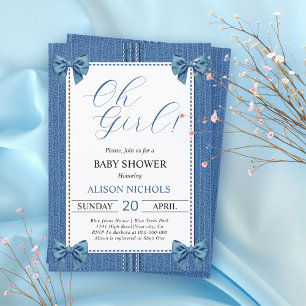 Invitation Fils bleu avec coutures et arcs bébé douche