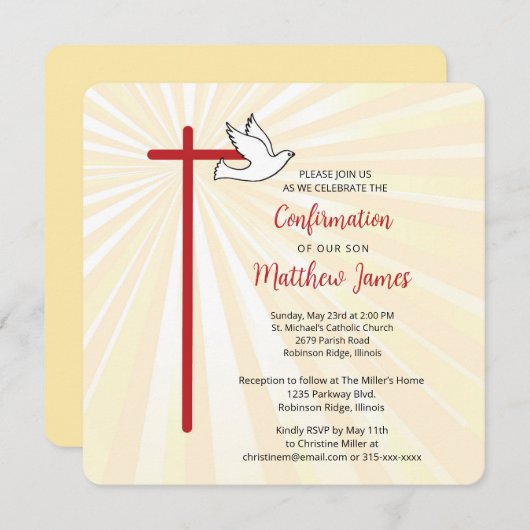 Invitation Fils de confirmation Cross Dove Gold Rays (Devant / Derrière)