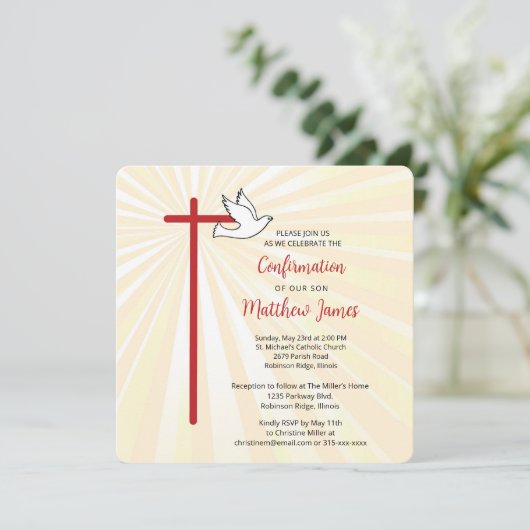 Invitation Fils de confirmation Cross Dove Gold Rays (Debout devant)