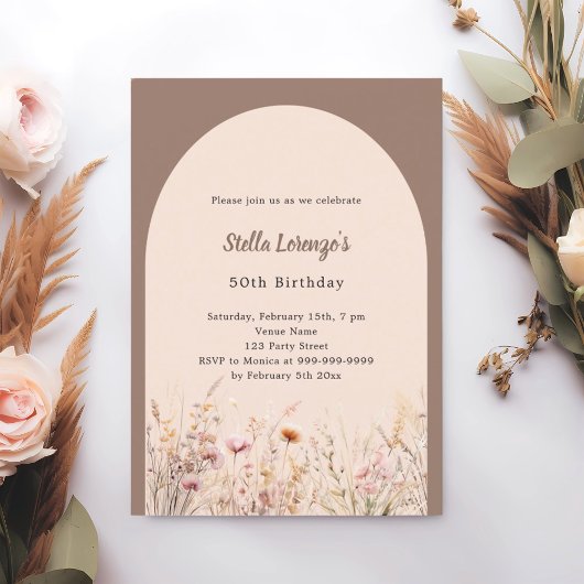 Invitation Fils fleurs sauvages mocha beige anniversaire